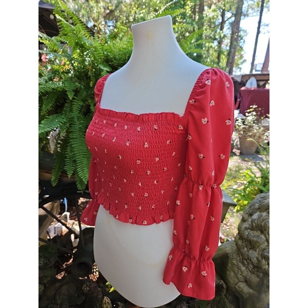 Gianni Bini Angel Blouse Cropped Smocked Ruffles Puff Sleeve PINK Wildflowers XS